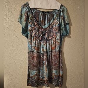 Apt. 9 Large Vintage Dress Shirt Western Blue Brown Clothes Y2K